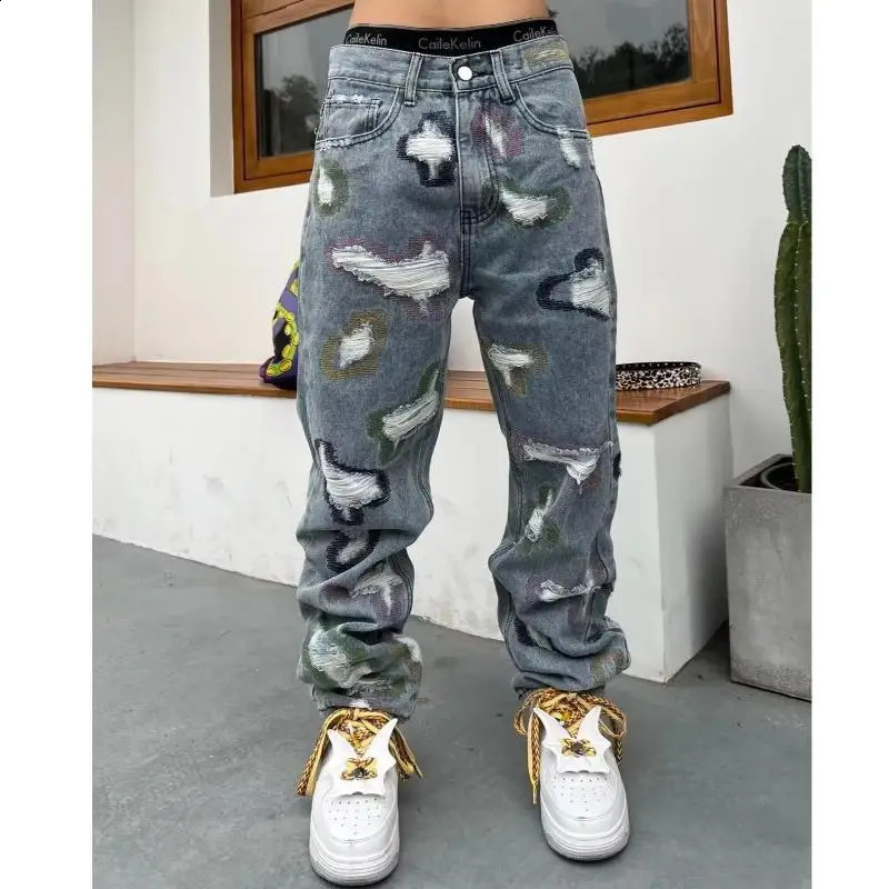 American Heavy Splicing Knife Cut Hole Erosive Patch Jeans Y2k Harajuku High Street Hip Hop Loose Straight Tube Micro-Horn Pants 240819