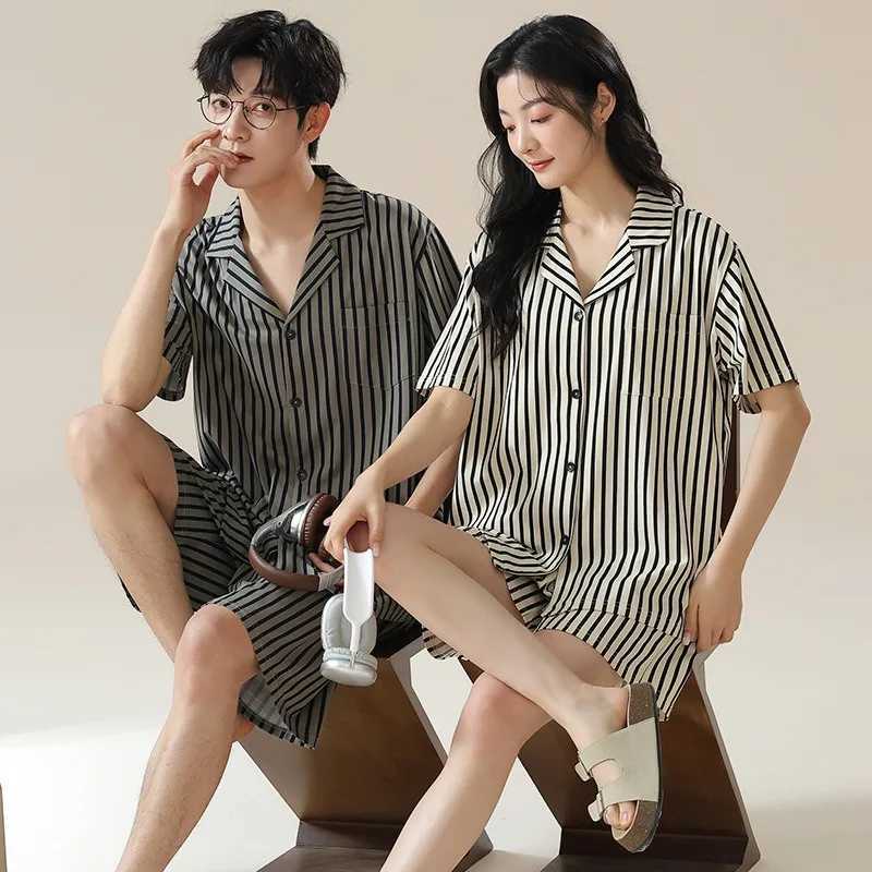 Summer short sleeved Korean style cardigan two-piece set casual V-neck couple pajamas womens pajamas mens pajamasW240719