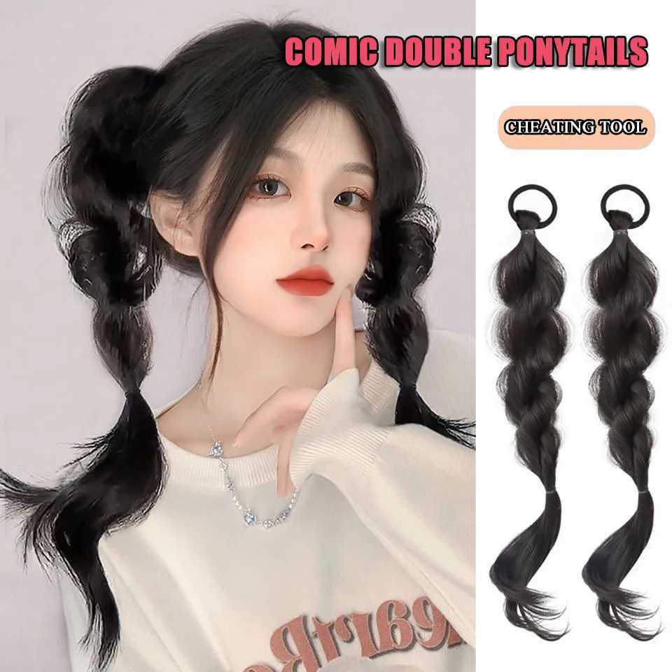 YELOWTIM synthetic bubble braided double ponytail fluffy imitation fried dough twisted braided ponytail wig W240817