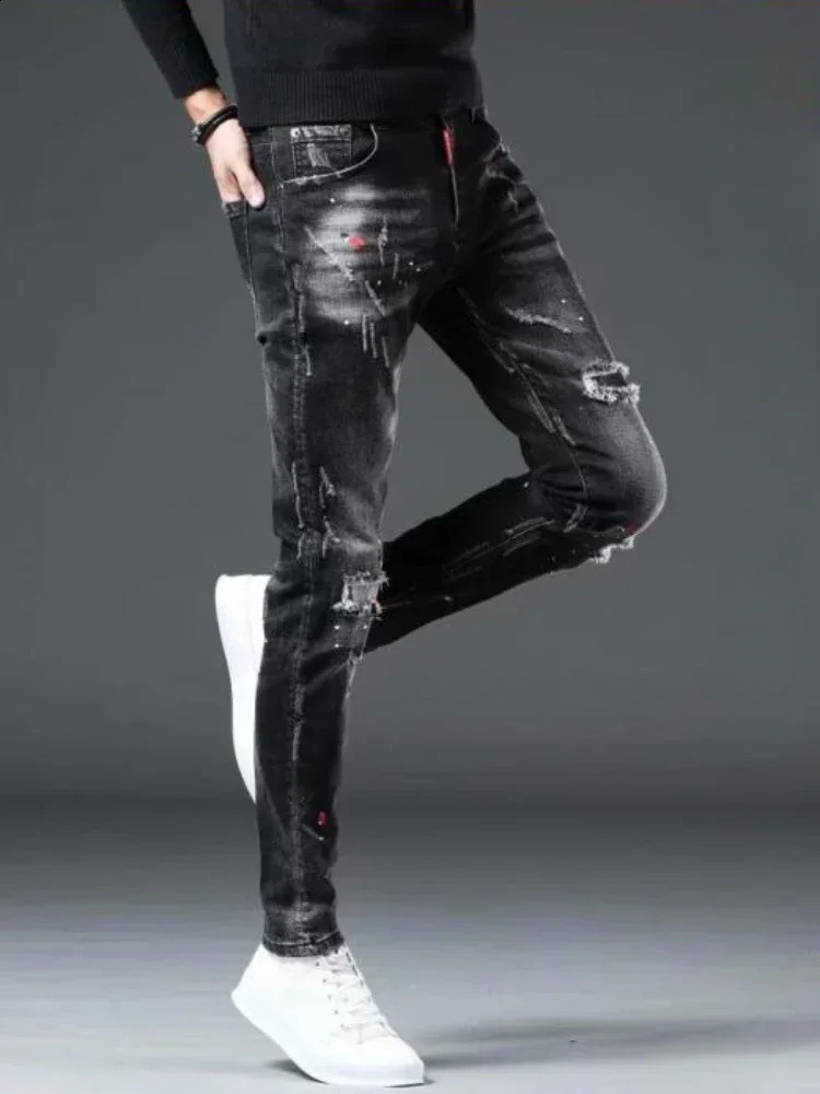 Trousers Ripped Torn Patch Man Cowboy Pants Slim Fit with Holes Mens Jeans Tight Pipe Skinny Broken Korean Autumn Goth Xs 240819