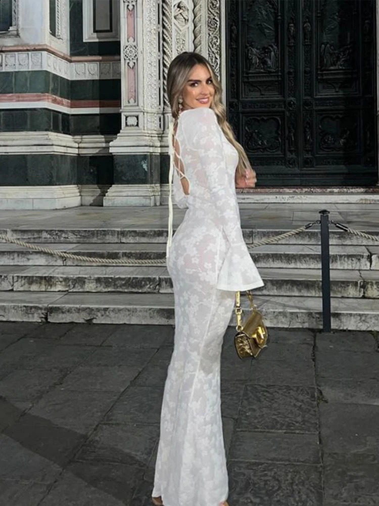 Sexy Knitted Print Maxi White Dress Women Backless Long Flare Sleeve O-neck Slim Party Dresses Female Summer Club Robes 240819