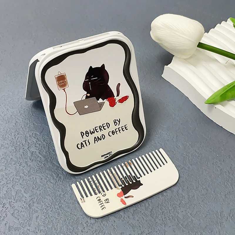 1PC Cartoon Cat Pattern Flip-Top Folding Makeup Mirror Portable Pocket Mirror Rectangle Cosmetic Mirror With Comb For Women Girl Y240819