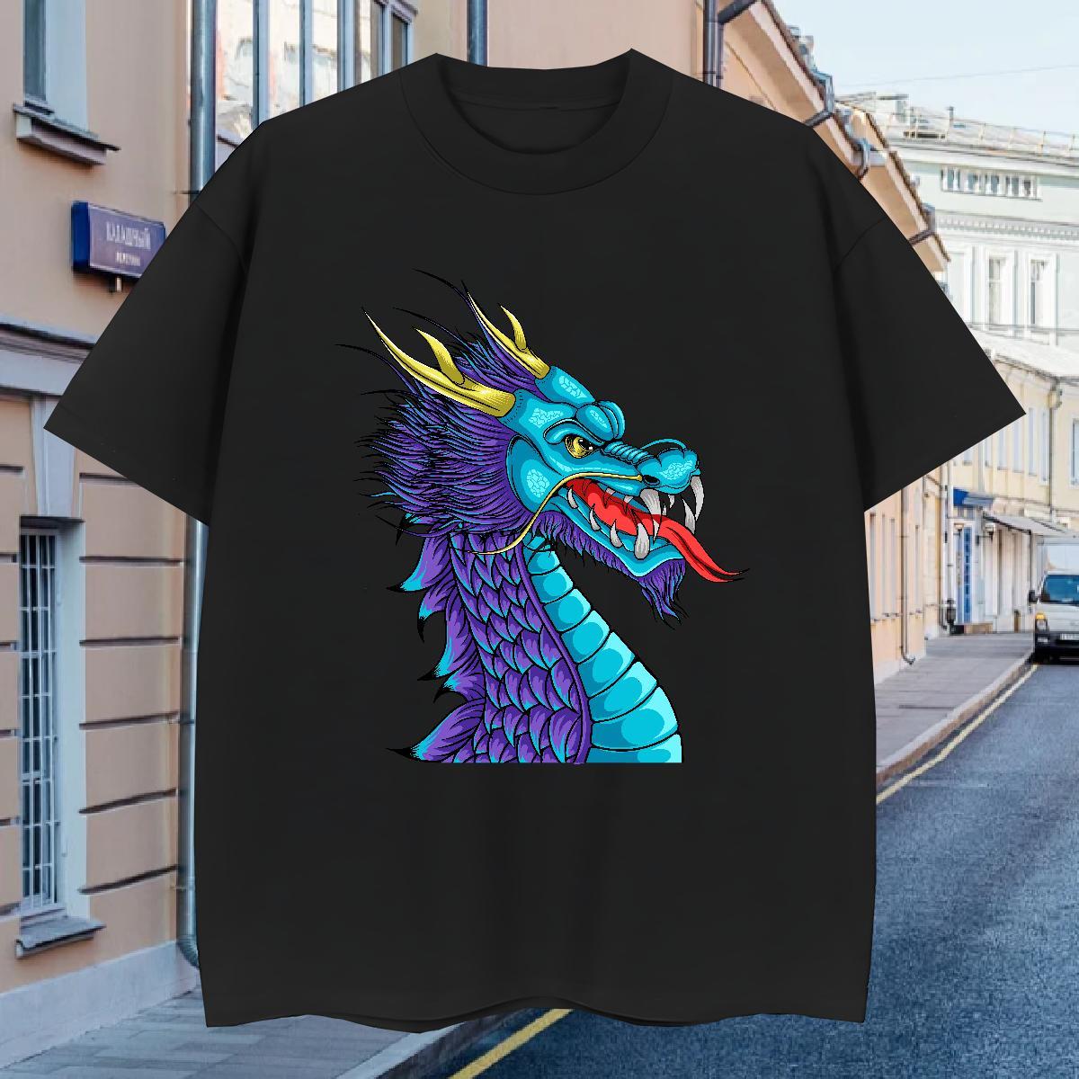 T shirt 230g Pure Cotton dragon head Hip Hop Crew Neck Customized Tshirt for Man Woman DIY Cool Design Tops Tees