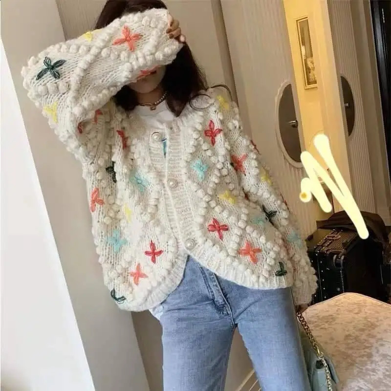 Crochet multicolor star knitted retro cardigan woolen sweater thick handmade jacket autumnwinter Auman clothing 240819