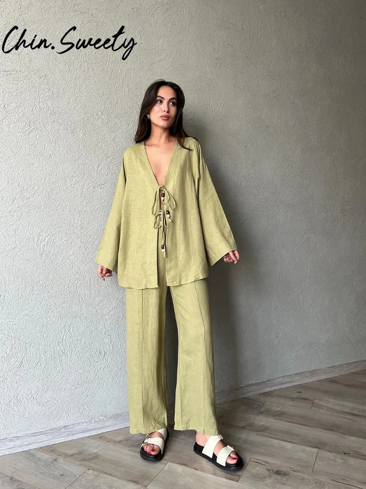 Casual Solid Lace Up Shirt Trouser Set Women Chic Long Sleeve V Neck Cardigan Wide Leg Pants Suit 2024 Autumn Elegant Lady Sets 240819