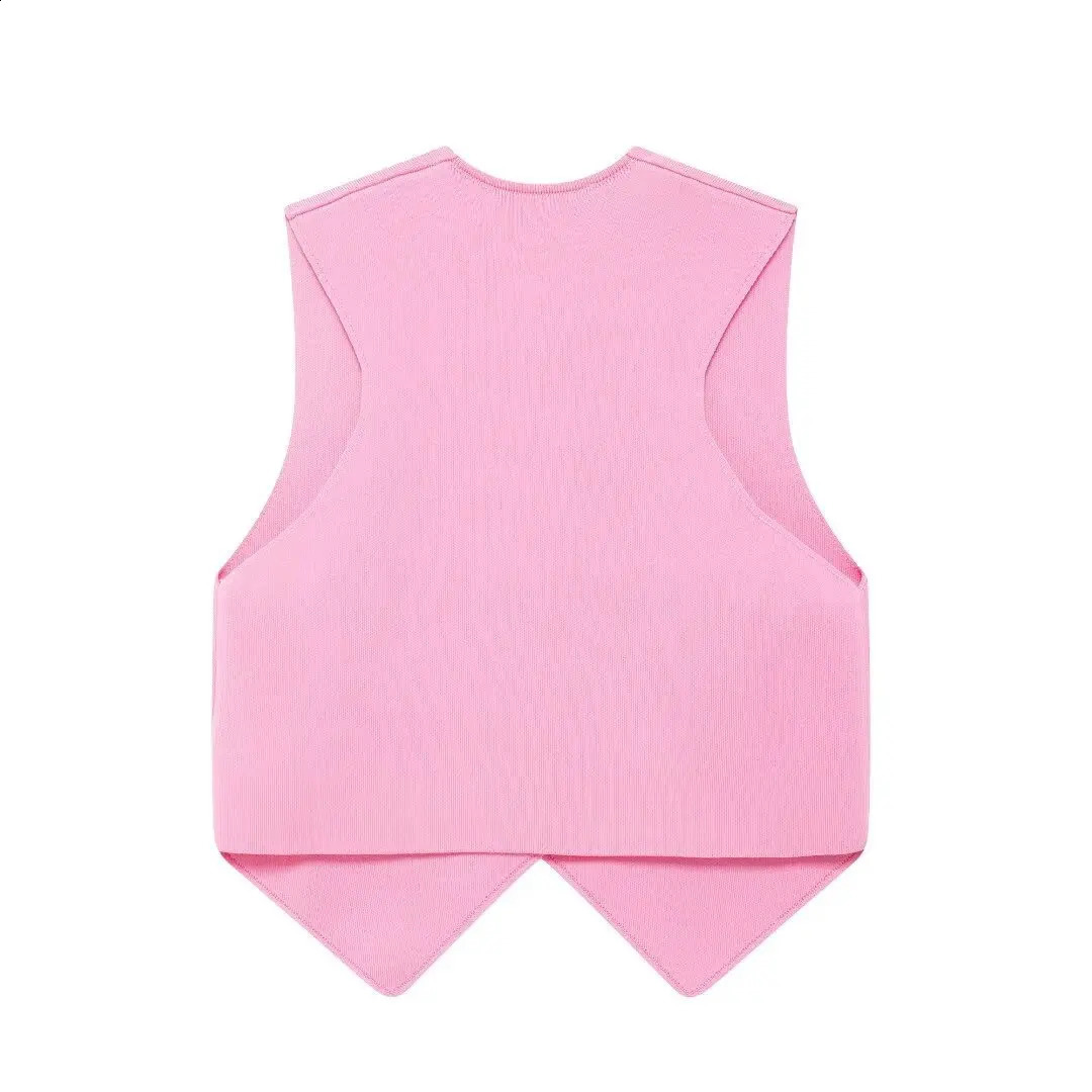 Womens pink knitted vest sleeveless top Vneck single chest three gold buttons summer trend w240819