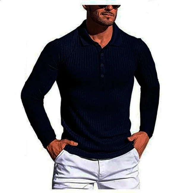 Mens Running Sports Long Sleeve POLO Shirt Slim Knit Bottoming Shirt 240820