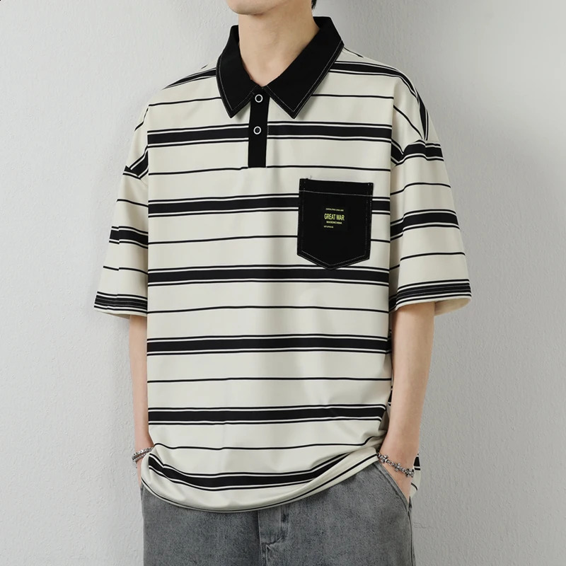 Young Style Loose Striped Polo Shirts Summer Casual Half Sleeve Mens Clothing Fashion Turn-down Collar Korean Pockets T-shirts 240820
