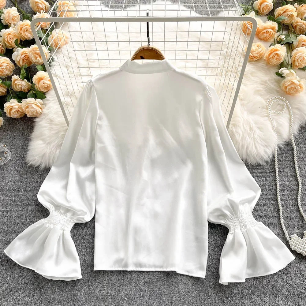 Elegant Retro Ruffle Shirt Puff Long Sleeve Korean Fashion Sweet Top Womens Unique Gothic Spring and Autumn 240819