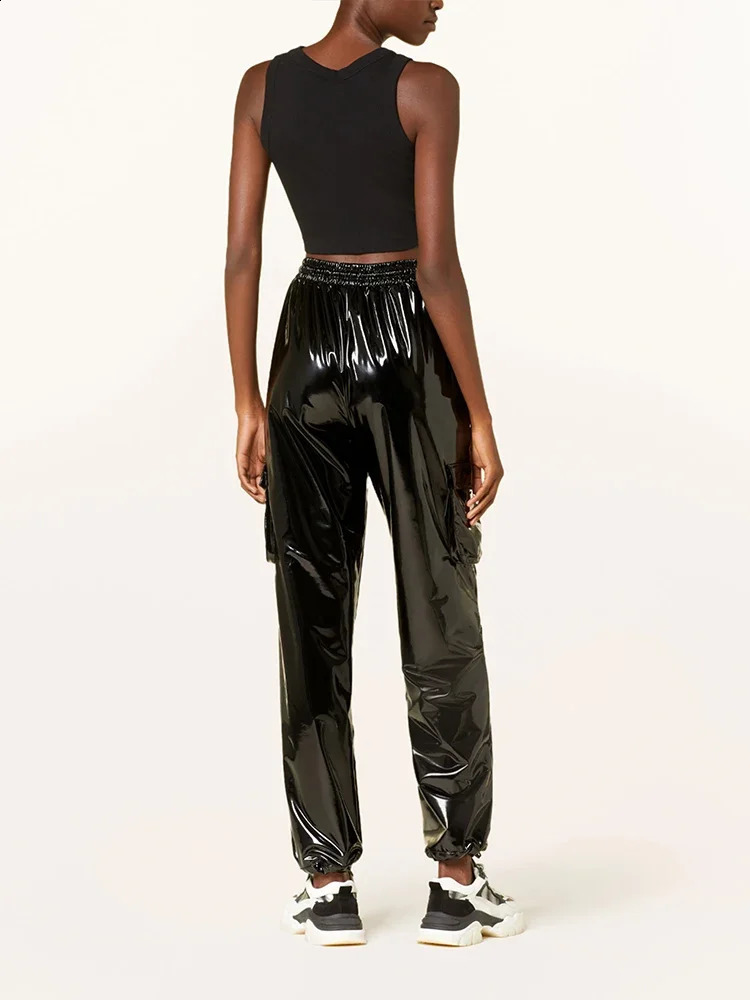 Casual High Waisted Synthetic Latex Cargo Pants For Women Shiny Patent Leather Brushed Elastic Waistband Bloomers PU Sports Customization