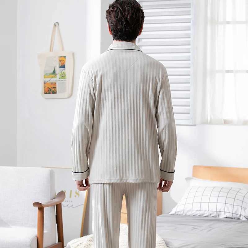 L-5XL Autumn Luxury Pajama Knitted Cotton Mens Pajama Set Long Sleeve Pajama Plus Size Pajama PJW240719