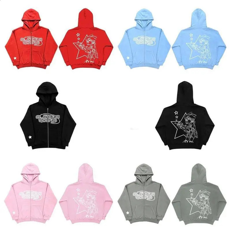Super Dalian Hoodie Gothic Punk Letter Cartoon Printed Jacket Y2K Harajuku Casual Loose American Street Retro Zipper Sweatshirt 240819