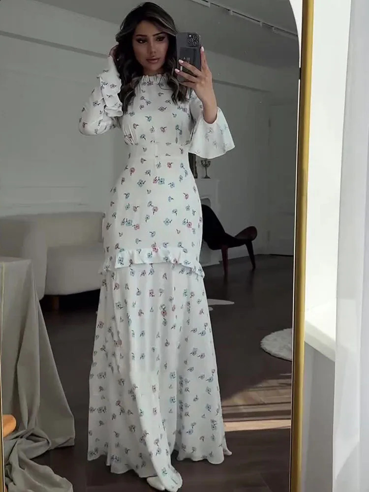 Tossy Ruffle Printed Long Sleeve Long Dress Womens Elegant Contrast Color Slim Fit Lace Waist Casual Summer Fashion Long Dress 240819
