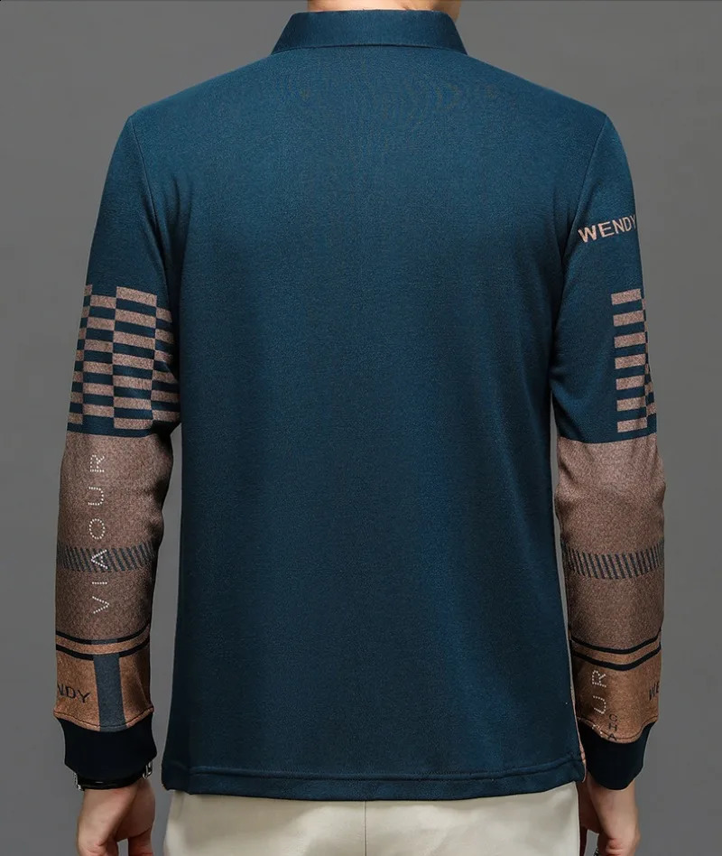 Autumn and Winter T Shirts for Men Long Sleeve Letter Printing Button Striped Polo Tees Turn-down Collar Pullover Tops 240820