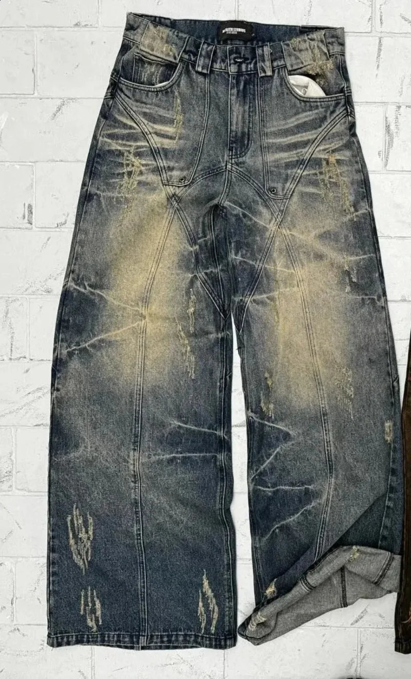 American Fashion Y2K Holes Wash Old Loose Jeans Men Retro Harajuku Hip Hop Pop Gothic High Waist Wide Leg Denim Trousers 240819