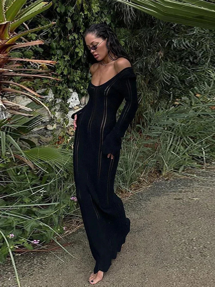 Elegant Knit Hollow Out Long Dress Women Sexy V-neck Flare Sleeve Wave Edge Female Dresses Autumn Lady Vacation Robes 240819