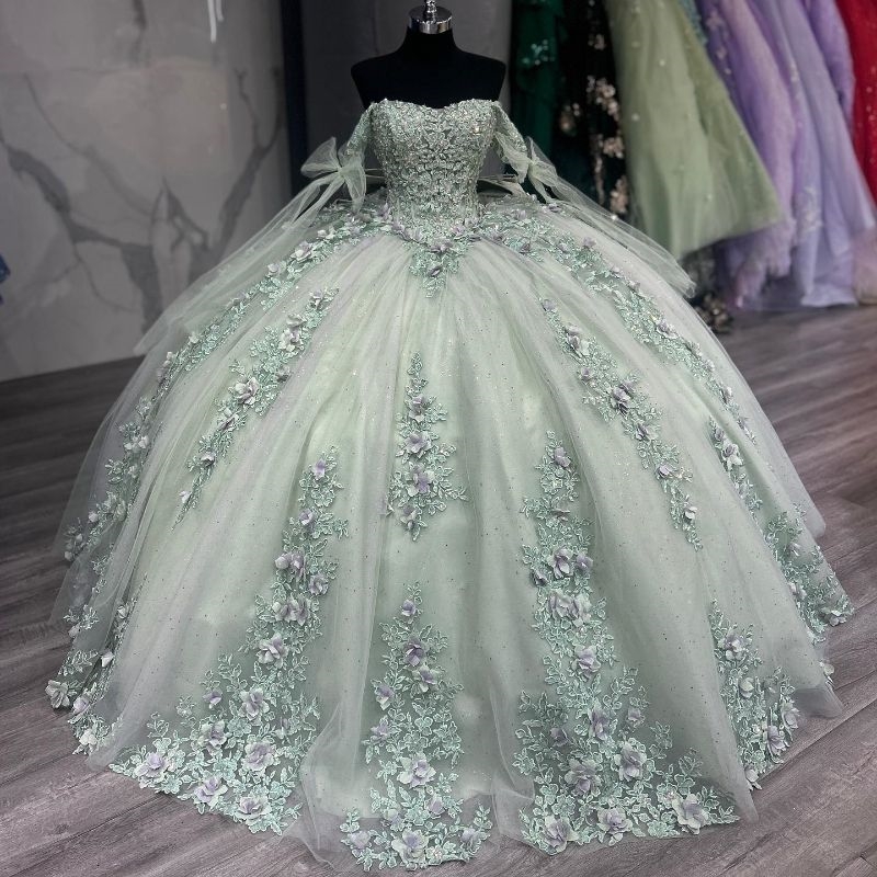 Mint Green Shiny Quinceanera Dress Mexican 3D wer Beads Puffy Ball Gowns Applique Lace Tull Sweet 16 Vestidos De 15 Anos