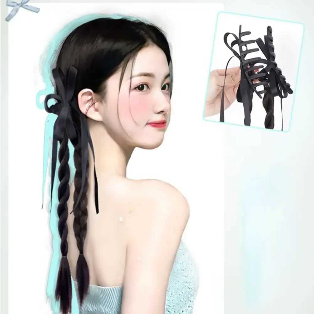 Chinese style synthetic fiber ribbon bow twisted brain ponytail clip in female simulated boxing brain ponytail extension W240817
