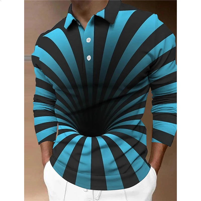 3D Print Optical Illusion Graphic Golf Polo Shirt For Men Oversized Long Sleeve Button Down Polo Shirts Clothing Apparel 240820