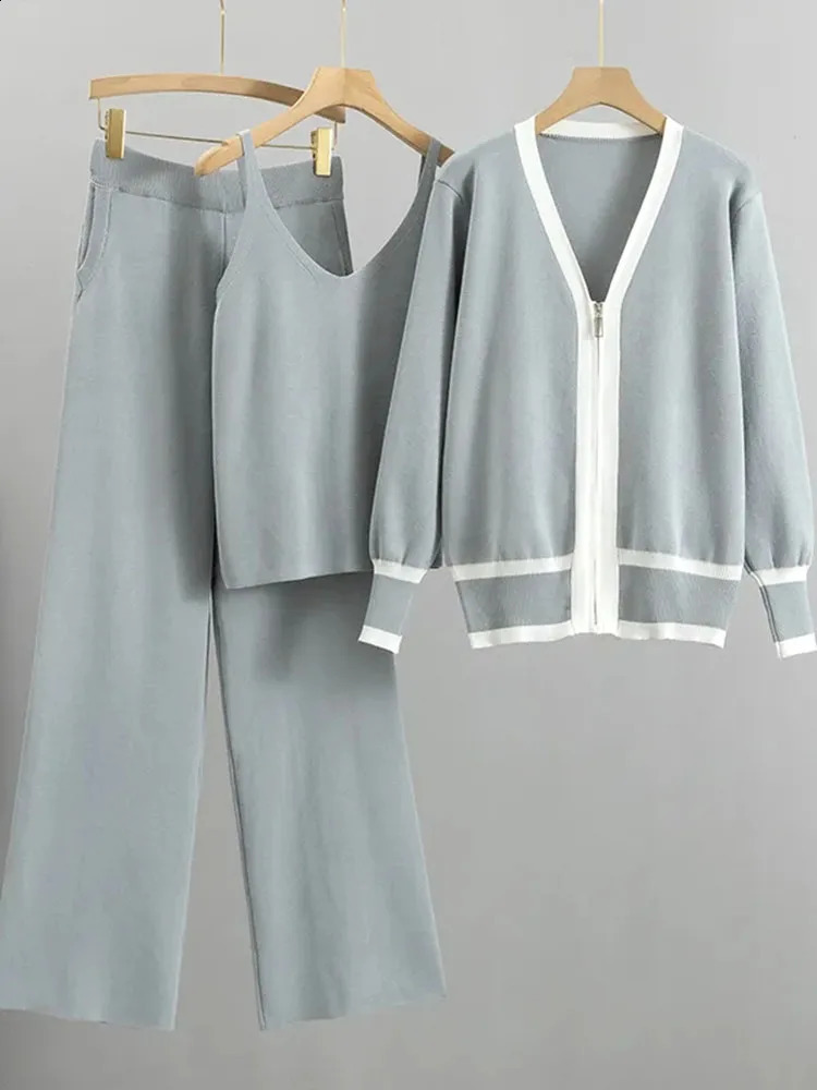 Spring Fall 3 Piece Sets Loose Cardigan Ensemble Sleeveless Vest Conjuntos High Waist Wide Leg Pant Suits Knit Soft Tracksuit 240819