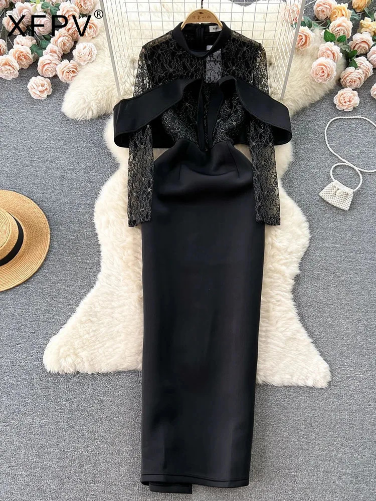 XFPV Female Stand Neck Long Sleeve Dress Lace Patchwork High Waist Hollow Out Elegant Vestidos Fashion Spring Autumn SM9558 240819