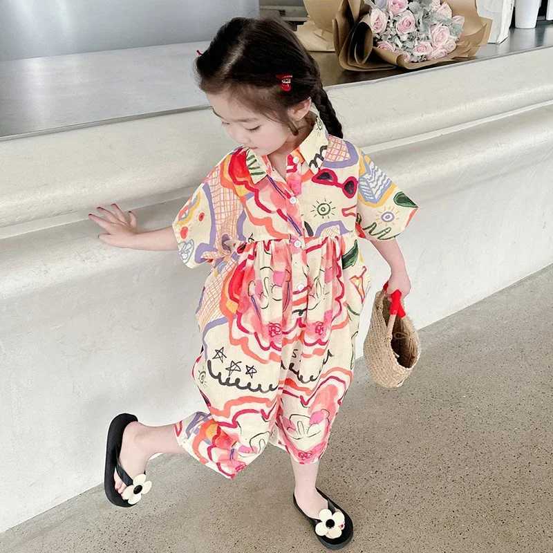 Cotton summer childrens jumpsuit for young children suitable for girls floral patterned childrens clothing W240806