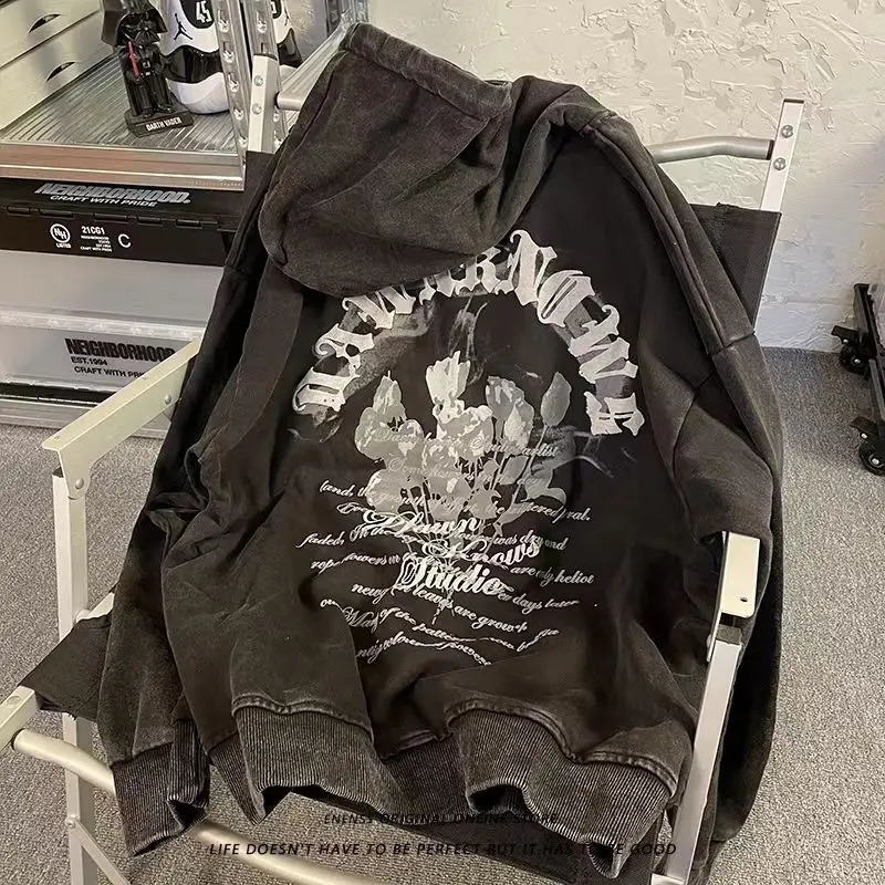 Womens Hoodie Zip-up Bouquet letter Print Hoodies Y2k clothing High Street sweatshirts for men Round Neck Vintage Dark 240814