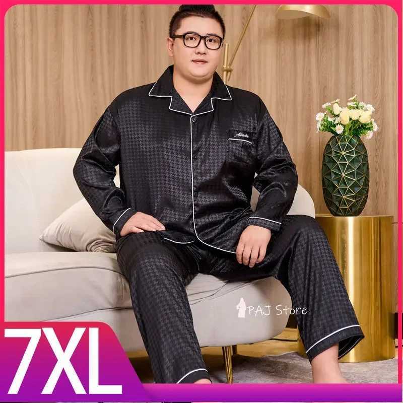 Mens sleepwear silk satin long sleeved spring clothing plus size 7XL 8XL plain weave mens full body sleepwear lounge setW240719