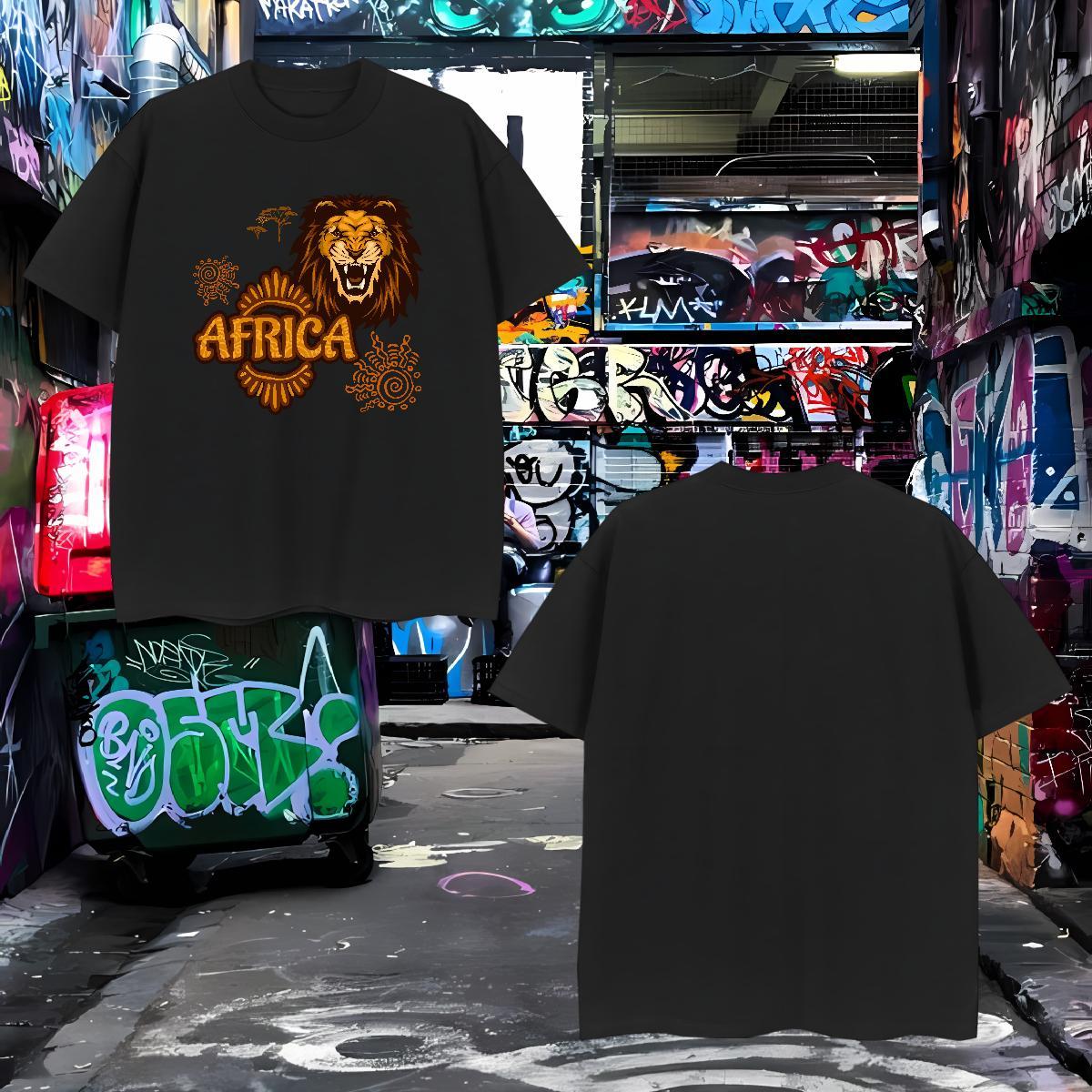 Fashion Men Tees Africa lion Home Outdoor 230g 100% Cotton Tops Shirt Crew Neck Comfortable T shirt Cartoon Print