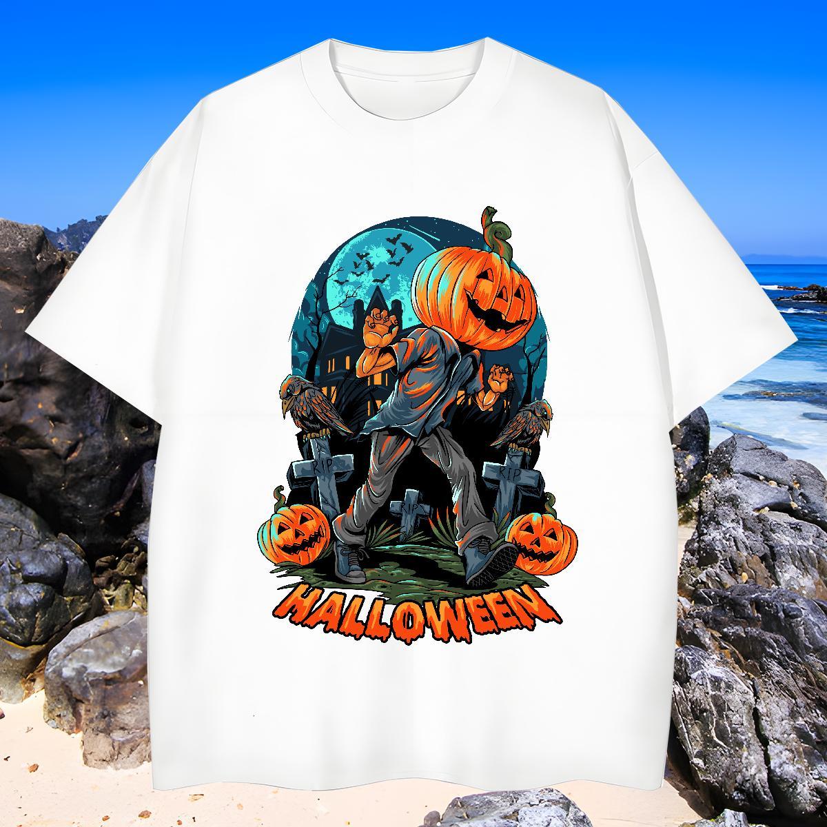 Loose Fit T-Shirts pumpkin Short Sleeve O-Neck Anime Printing Street Custom Printed 100% Cotton 230g Men Clothes T-Shirt Fashion Top Tees