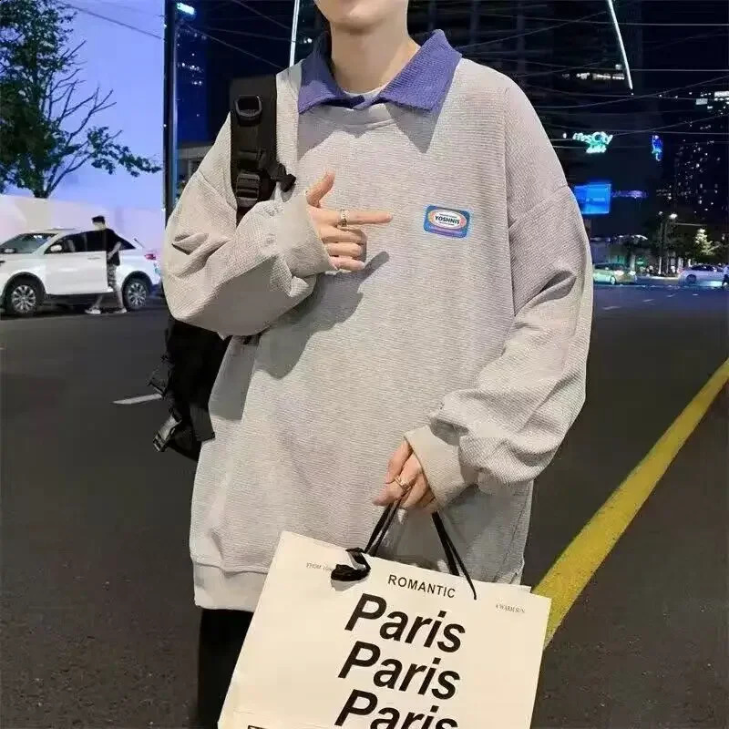 Stripe Polo Sweat Shirt T Man Oversize Top Big Size Sweatshirts Baggy Harajuku Fashion High Quality Japan Quotes Mens Clothing 240819