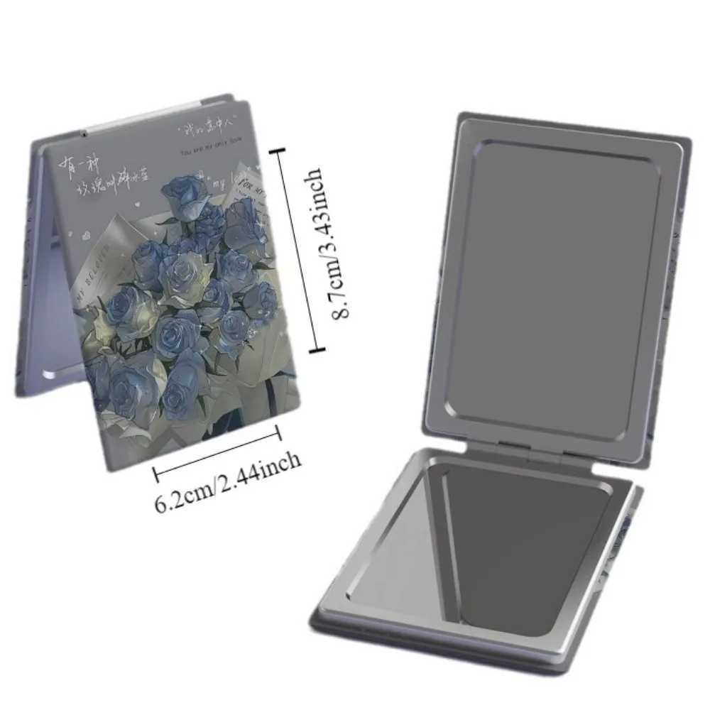 PU Folding Makeup Mirror High Definition Foldable Cosmetic Mirror Elegant Blue Rose Rectangle Pocket Mirror Students Y240819