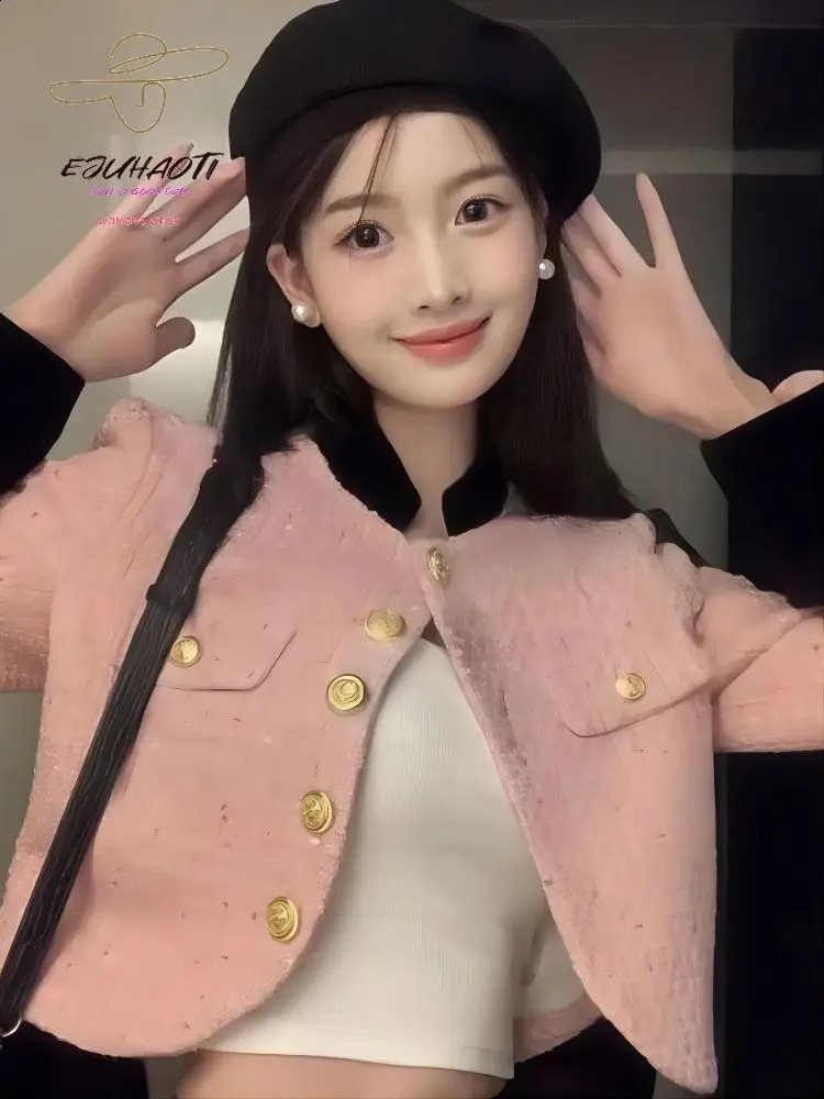 Womens jacket short contrast color joint tweet stand collar small perfume blouse womens clothing Korean fashion 240819