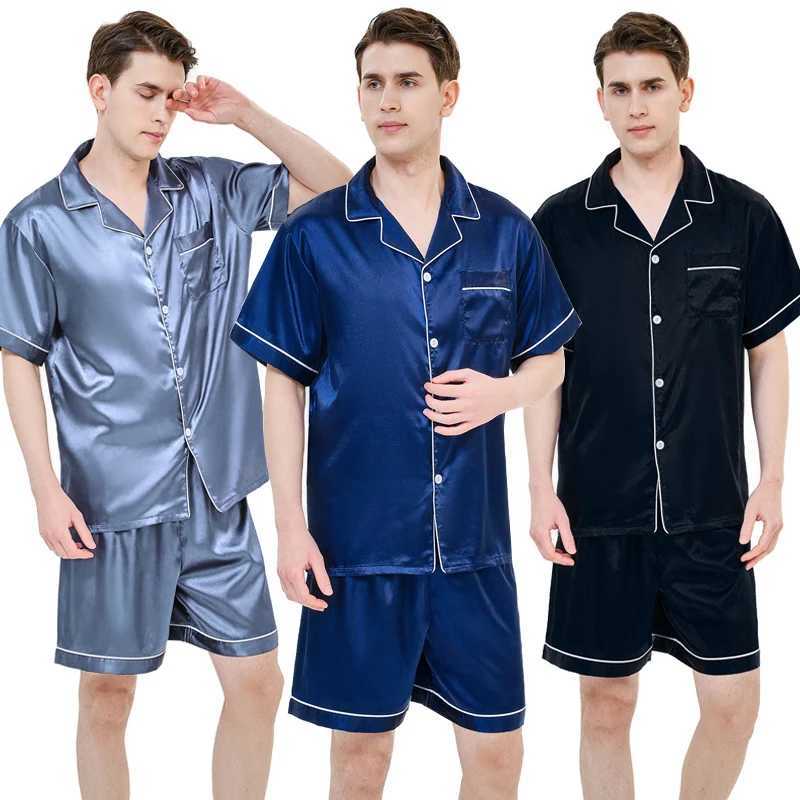 Ice silk pajamas mens short sleeved pajamas summer solid color pajamasW240719