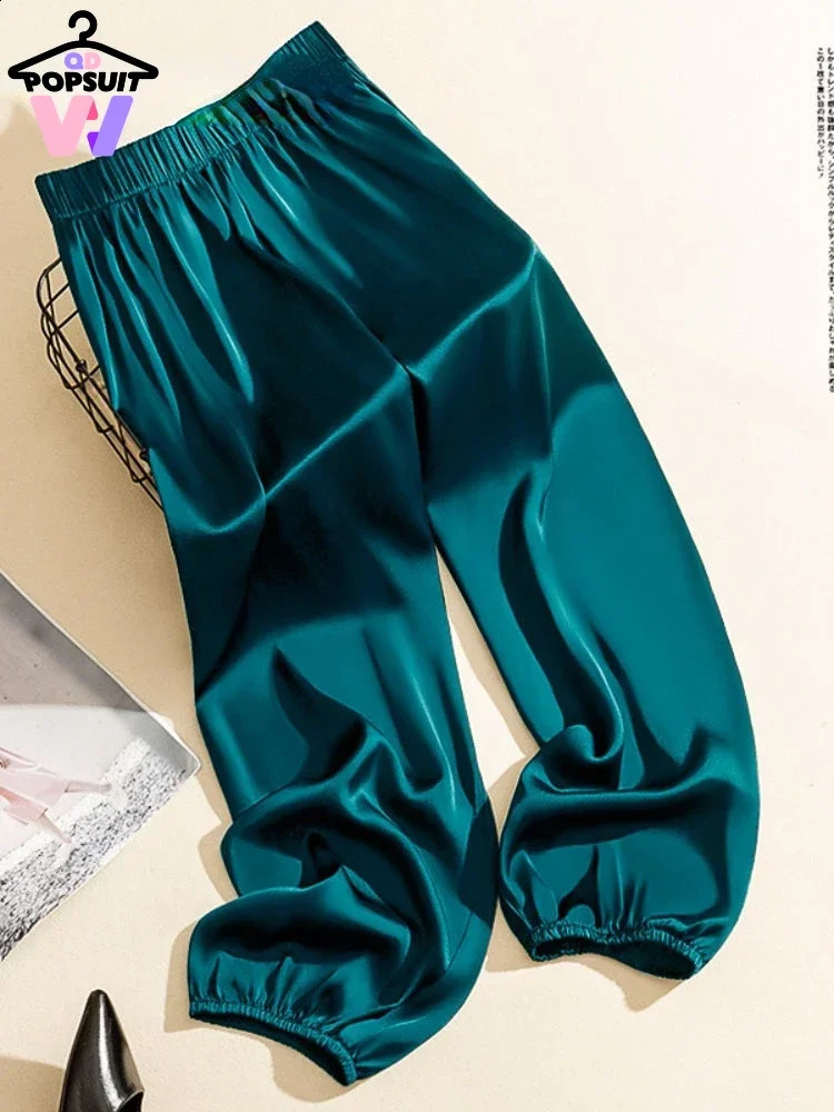 in High Waist Ice Acetate Wide Leg for Women Summer Loose Silk Satin Knickerbockers Pants Ankle Length Trousers 240820
