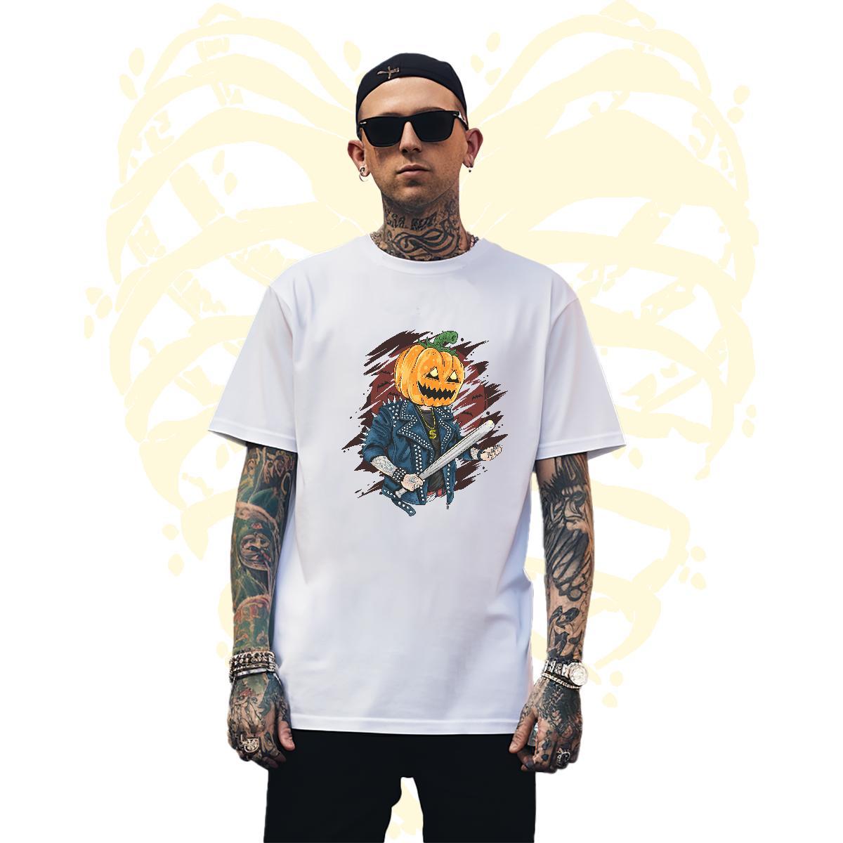 Unisex Mens T Shirts pumpkin Breathable Street Casual Floral Print 100% Cotton 230g Men Tshirts 2024 New Polos