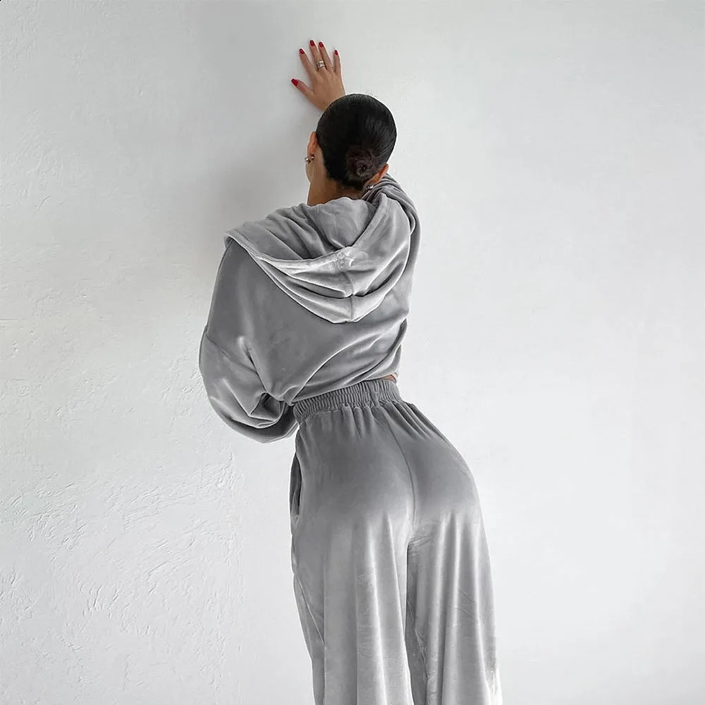 Autumn Womens Veleft Tracksuits Solid Long Sleeve Loose Hooded Zipper JacketHigh Waist Wide Leg Pants 2piece Set 240819
