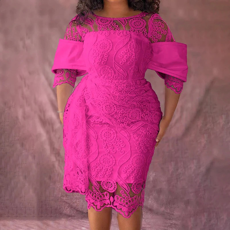 Plus Size Womens White Daily Round Neck Lace Mid-length Casual Fashion Dress