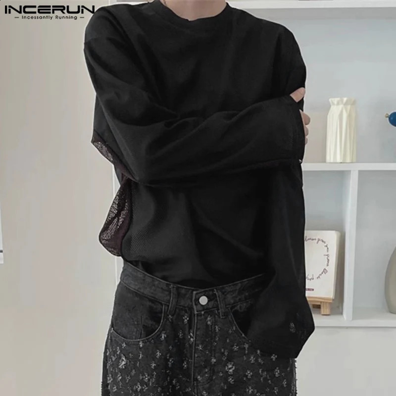 Men T Shirt Mesh Patchwork O-neck Long Sleeve See Through Men Clothing Streetwear Loose Fashion Casual Tee Tops INCERUN 240820