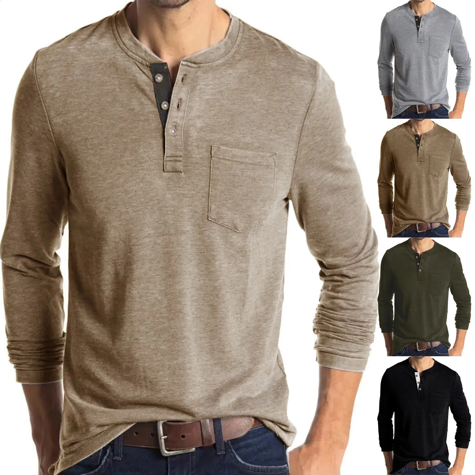 Mens Round Collar Long Sleeved T-shirts Solid Casual Top Single Breasted Pocket TShirt Soft Comfy Bottoming Shirt for Spring 240820