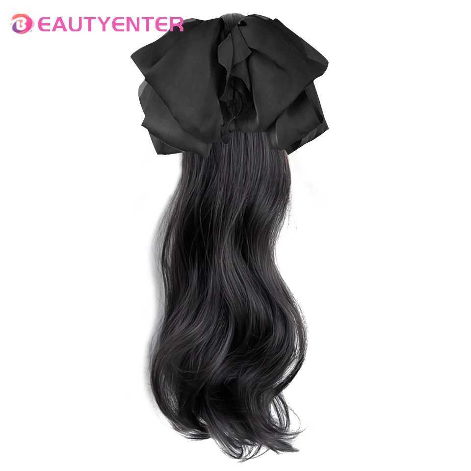 Beautiful synthetic straight wig ponytail grab clip bow ponytail female fake hair black female fake hair W240817