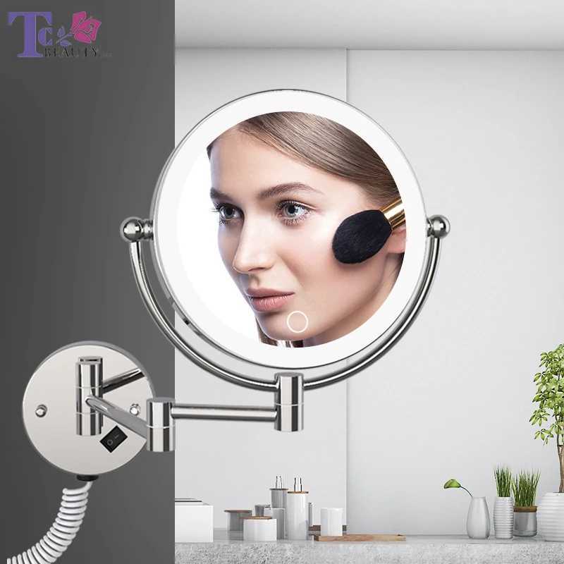 Wall Mounted LED Makeup Mirror With Plug 5X Magnifying Cosmetic Mirror Double Sided Wall Mirrors Touch Dimming Bathroom Mirrors Y240819