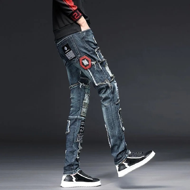 Spring and Autumn Fashion Trend Ripped Stitching Jeans Men Casual Slim Comfortable Breathable High-Quality Pants 28-36 240819