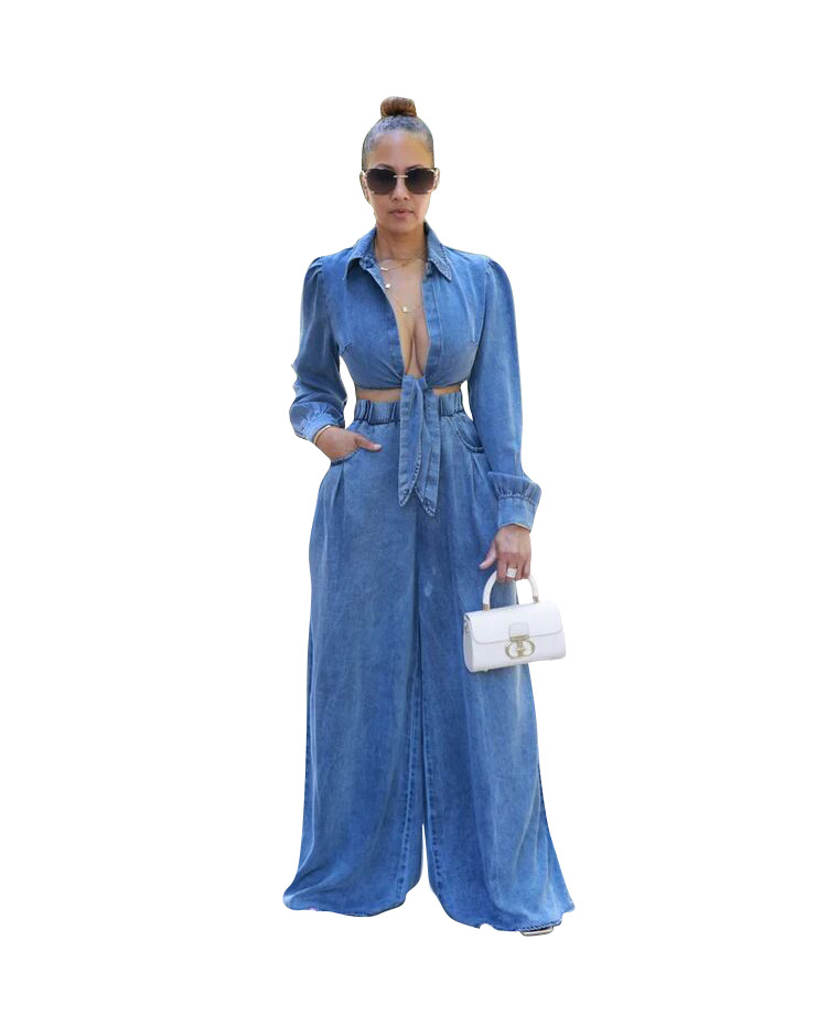 NEW Designer Fall Winter Denim Tracksuits Women Two Piece Sets Long Sleeve Bandage shirt and Wide Leg Pants Casual Outfits Solid Sweatsuits Wholesale 