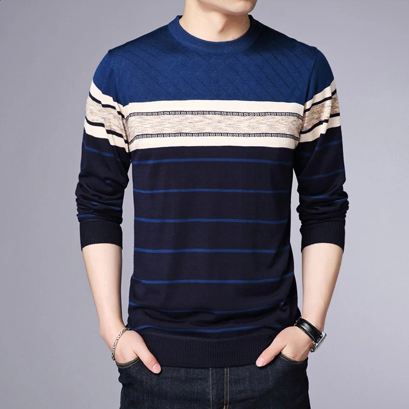 Mens Casual Striped Knit Spring and Autumn Long Sleeved Pullover Fashion Top 240820