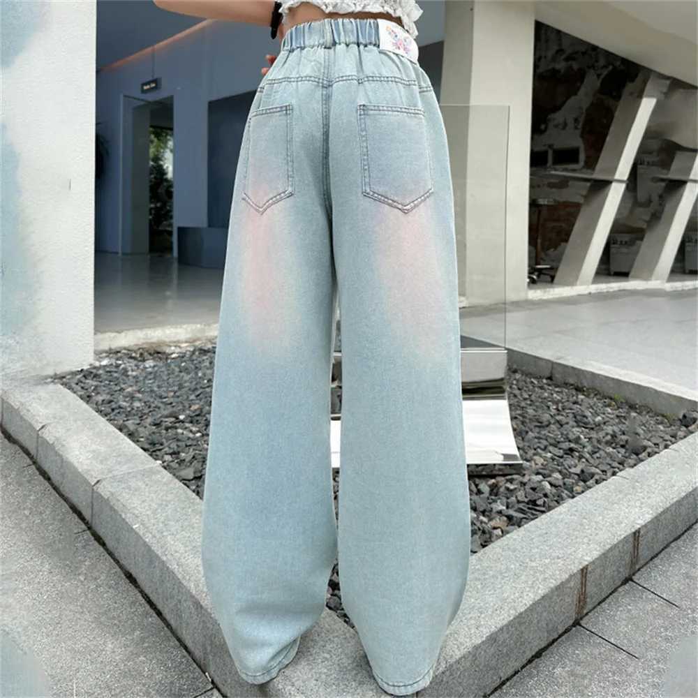 2484 Fashion Summer Ultra Thin Childrens Wide Leg Pants Embroidered Girls Jeans Childrens Jeans Denim Straight Leg PantsW240819