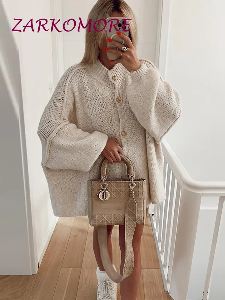 Solid color knitted womens open breasted batwing sleeve button loose floral autumn chic commuting casual sweater 240819
