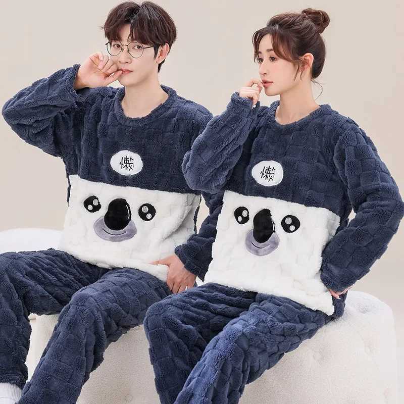 New couple pajamas set Warm flannel plush winter long sleeved O-neck pajamasW240719