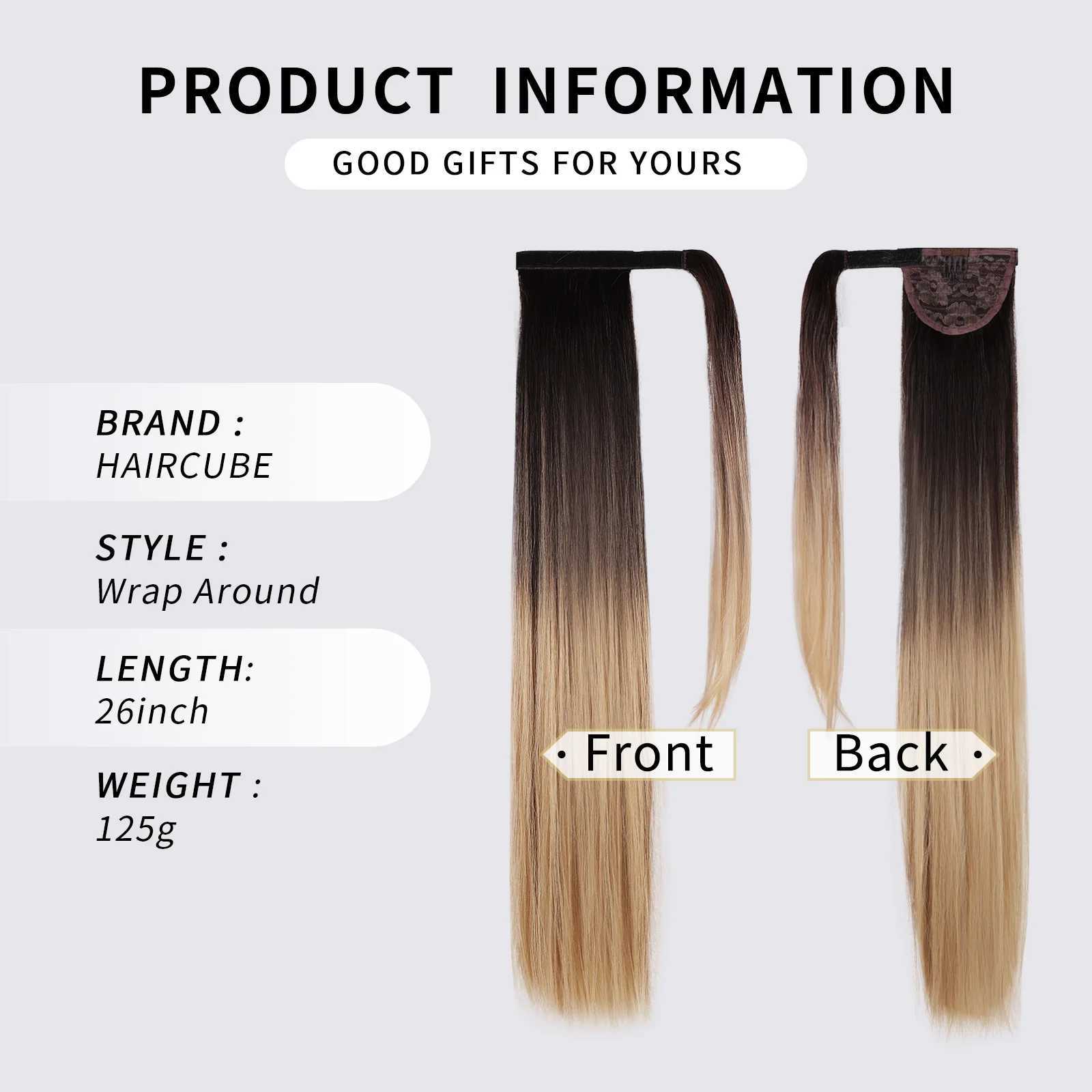 HAIRCUBE long straight clip on ponytail female hair extensions black to blonde brown Ombre synthetic ponytail wig W240817