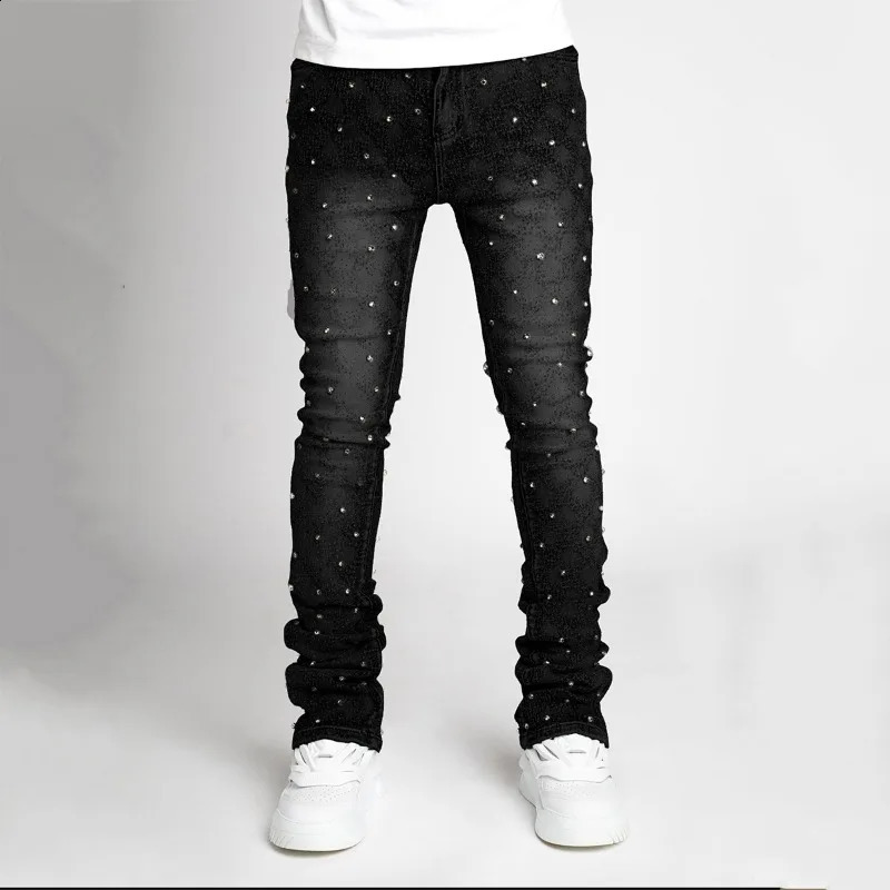 Stretchy Pearls Skinny Jeans Fashion Personality Straight Rhinestone European Street Personality Stacked Denim Pants 240819
